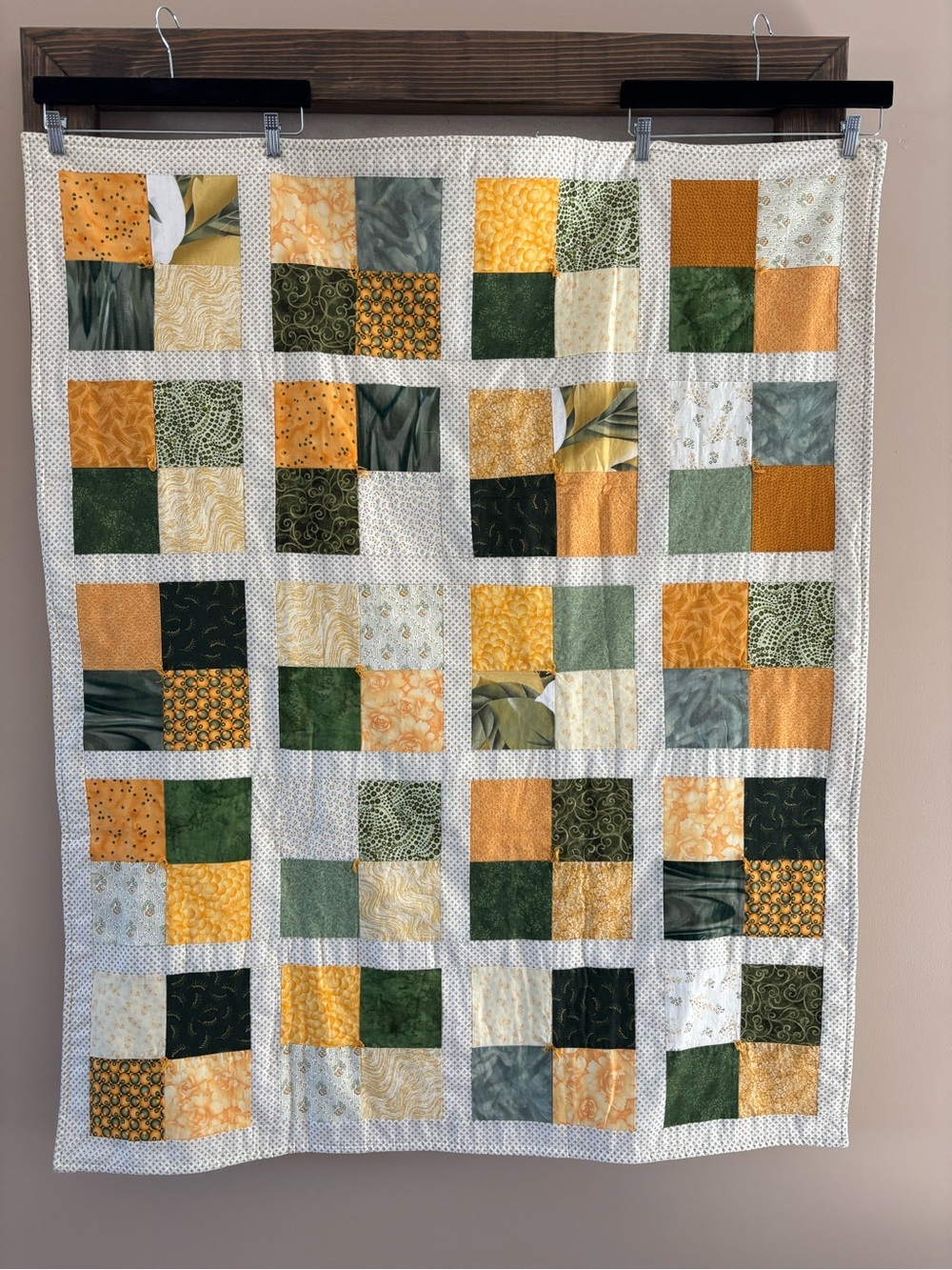 Vintage Handmade Green and Gold Patchwork throw Quilt
